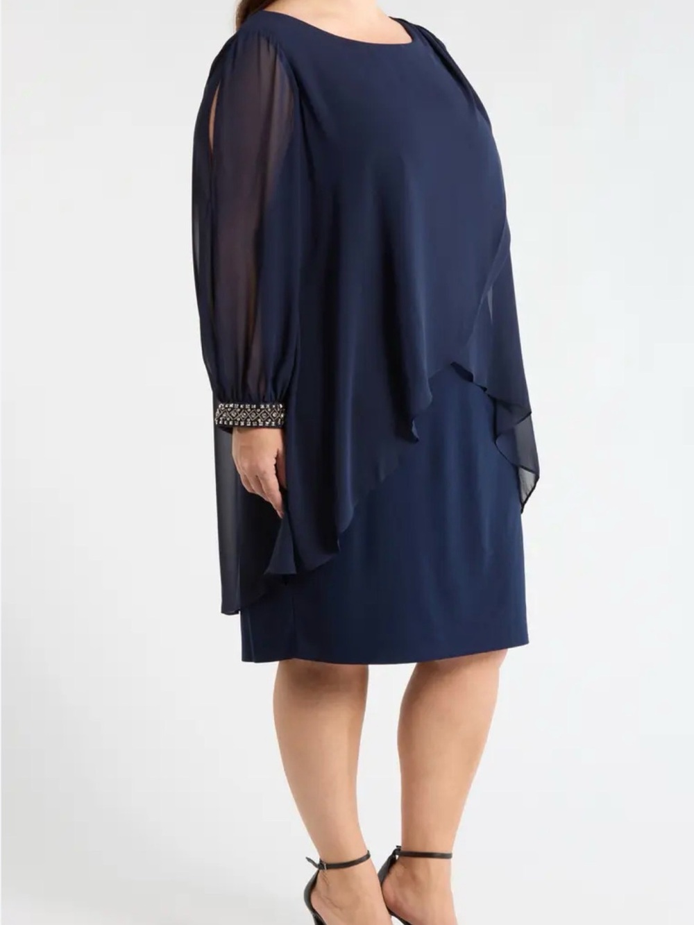 NWT Talisea Navy Blue Chiffon Overlay Glitter Evening Dress Beaded Sleeve Cuffs